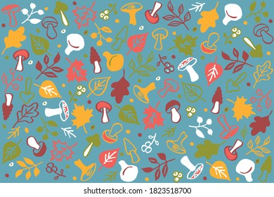 Autumn pattern with leaves, berries and mushrooms