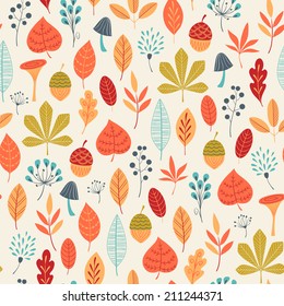 Autumn pattern with leaves, berries and mushrooms.