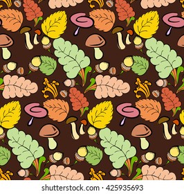 Autumn pattern with the leaves of birch, oak, acorns and mushrooms.
