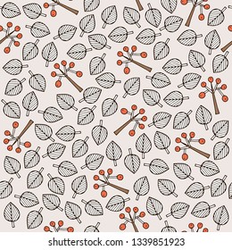 Autumn pattern of leaves and branches with berries