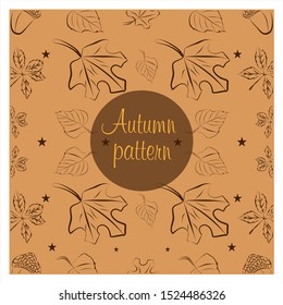 Autumn pattern. Leaves branches pattern. In retro style. It contains simple forms leaves and twigs and leaves with berries. Color version. Seamless pattern of yellow autumn leaves on brown background.