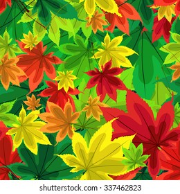 Autumn pattern. Pattern of leaves. Bright autumn leaves. Stylized, decorative leaves. Bright autumn seamless background. Falling leaves. Autumn beautiful pattern. Red, yellow, green leaves of trees.