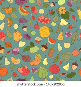 Autumn pattern. Leaves, dog rose, pumpkins, apples, pears, berries, nuts. Good harvest  seamless texture. Color autumn hand drawn icon on blue background. 
