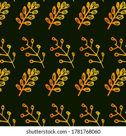 Autumn pattern with leaves. Green background. Can be used for postcard design, textiles, etc. Seasonal design.