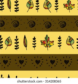 Autumn pattern with leaves hand drawn with hearts