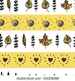 Autumn pattern with leaves hand drawn with hearts