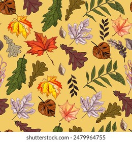 Autumn pattern. The leaves are multi-colored. The fall Seamless pattern. Colorful seamless pattern of autumn, fall howthorn leaves, hand made ink print