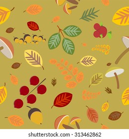 Autumn pattern with leaves, mushrooms, acorns and with hand lettered text