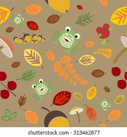 Autumn pattern with leaves, mushrooms, acorns, frogs and with hand lettered text