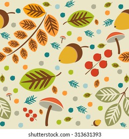 Autumn pattern with leaves, mushrooms, acorns, seamless autumn pattern