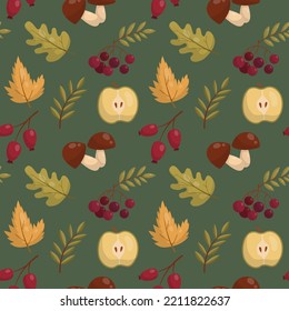 Autumn pattern with leaves, mushrooms and berries