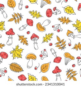Autumn pattern, leaves, mushrooms and berries. Fly agaric, rowan branch, maple leaf, doodle, drawings, sketch, vector illustration,  seamless natural Background.