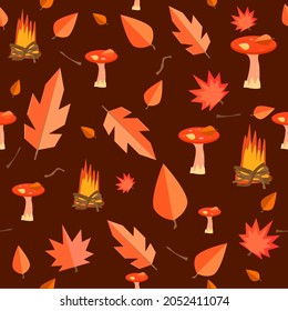 autumn pattern with leaves, mushrooms and a bonfire