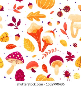 Autumn pattern with leaves, mushrooms, twigs, beetles and seeds. Fall season seamless print 
design. Hand drawn background with various mushrooms, berries, pumpkin. 