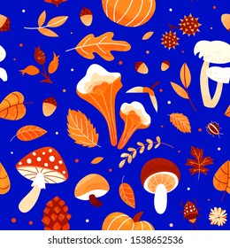Autumn pattern with leaves, mushrooms, twigs, beetles and seeds. Fall season seamless print 
design. Hand drawn pattern with various mushrooms, berries, pumpkin. Autumn color palette