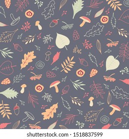 Autumn pattern with leaves and mushrooms. Vector illustration.