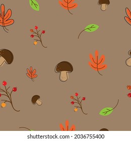 autumn pattern of leaves, mushrooms, vector illustration