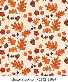 Patrón de otoño: hojas, roble, bellota, setas, flores pequeñas. Color suave en el fondo. Ideal para tarjetas de felicitación, tarjetas de invitación, Halloween. Ilustración vectorial.