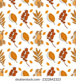 Autumn pattern with leaves and pears contour, orange color. Linear drawing for printing, decor, backgrounds and textures, packaging, prints