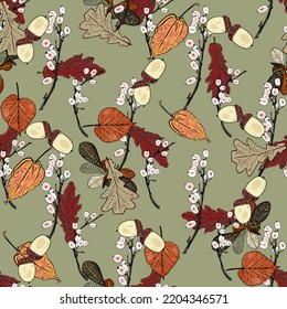 Herbstmuster. Herbst, Blätter, Physalis als Blindfarbstoff für Designer, Verpackung, Bildschirmschoner, Druck, Inneneinrichtung