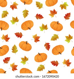 Autumn pattern with leaves and pumpkin. Autumn background. Seamless autumn leaves pattern with pumpkins.