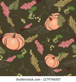 Autumn pattern. Autumn, leaves, pumpkin in beige tones as a blank for designers, packaging, screensaver, print, interior