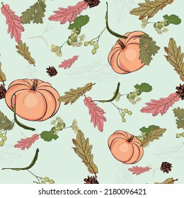 Autumn pattern. Autumn, leaves, pumpkin in beige tones as a blank for designers, packaging, screensaver, print, interior
