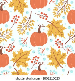 Autumn pattern with leaves, pumpkin and berries. Colorful and bright vector background. Illustration for wallpaper, textile, wrapping.