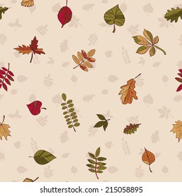 Autumn pattern. Pattern of autumn leaves. Red, yellow and green leaves of forest trees. Seamless texture. Use as a fill pattern, or background of the web page.