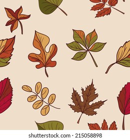 Autumn pattern. Pattern of autumn leaves. Red, yellow and green leaves of forest trees. Seamless texture. Use as a fill pattern, or background of the web page.