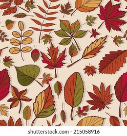 Autumn pattern. Pattern of autumn leaves. Red, yellow and green leaves of forest trees. Seamless texture. Use as a fill pattern, or background of the web page.