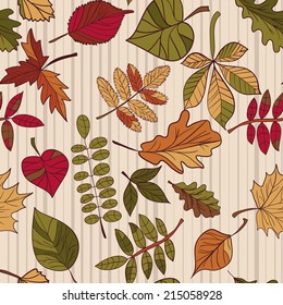 Autumn pattern. Pattern of autumn leaves. Red, yellow and green leaves of forest trees. Seamless texture. Use as a fill pattern, or background of the web page.