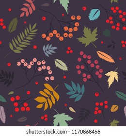 Herbstmuster mit Blättern und Sauenbeeren. Vektorillustration, flach, nahtlos, stylischer Hintergrund für Hochzeit, Einladungen, Textilien, Packpapier