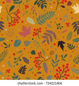 Autumn pattern with leaves and rowan berry. Vector flat seamless stylish background for wedding, invitations, textile, wrapping paper