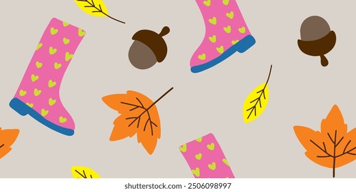 Herbstmuster. Herbstlaub und Gummistiefel. Abstraktes, nahtloses Muster.

