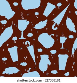 Autumn pattern with leaves, umbrella, pumpkin, coffee, mulled wine, mittens, clouds, raindrops and feathers