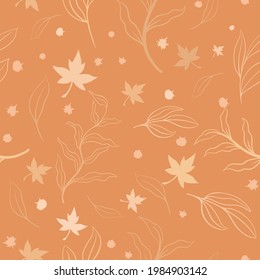 Autumn pattern with leaves, vector. Repeating background with falling leaves and branches. Silhouettes of plants on an orange substrate. Seasonal botanical design.