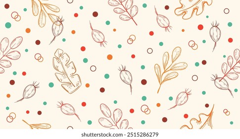 Autumn pattern with line leaves, berry and dots. Vector illustration. Banner. Horizontal flyer 