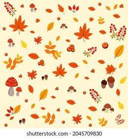 Autumn pattern with maple leaf mushroom acorn and cherries in orange yellow color