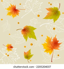 Autumn pattern with maple leaves, against the background of linear white maple leaves, with berries, on a light background