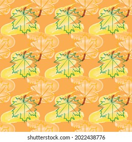 Autumn pattern of maple leaves on an orange background, drawing with a watercolor effect
