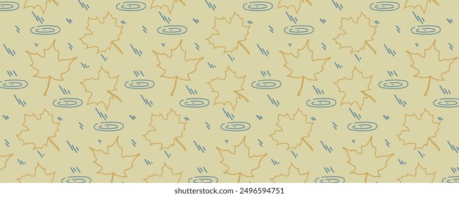 Autumn pattern with maple leaves and raindrops. Rain is knocking on puddles during leaf fall. Vector background for design