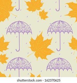 Autumn pattern with maple leaves and umbrellas