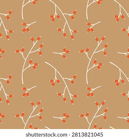 Autumn pattern with minimalist rosehip branches red berries and white stems on brown background for autumn wrapping paper kitchen tablecloth and textile print palette