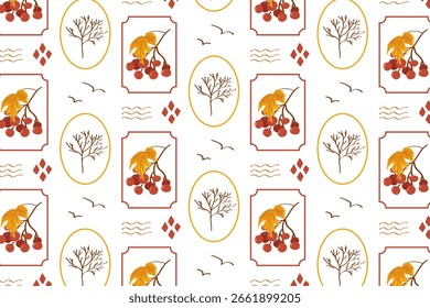 Patrón de otoño, un diseño multiusos para la marca, textiles y decoración de otoño. Imágenes estilizadas de bayas, árboles y hojas, dispuestas en una rejilla ordenada estilo sello. Un patrón versátil para la marca ecológica, 