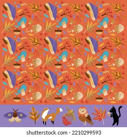 Autumn pattern with mushroom, leaves, acorns, moths on an orange background.Set with Fox, black cat, owl, rowan. Vector illustration. Background for fabric, wallpaper, design. Children's illustration.
