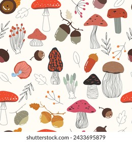 Autumn pattern with mushrooms, berries, lesves and different acorns, seamless pattern. Vector illustration on light background.