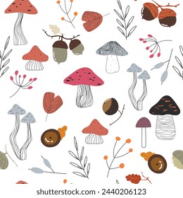 Autumn pattern with mushrooms, berries, lesves and different acorns, seamless pattern. Vector illustration on light background.