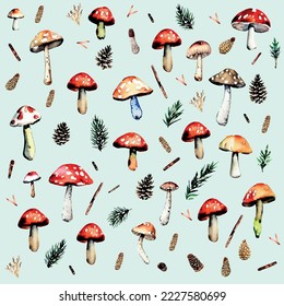 Autumn pattern with mushrooms and fir cones
