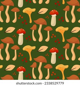 Patrón Otoño Con Setas. Fondo Forestal En Tonos Terrestres. Ilustración de vectores en estilo plano